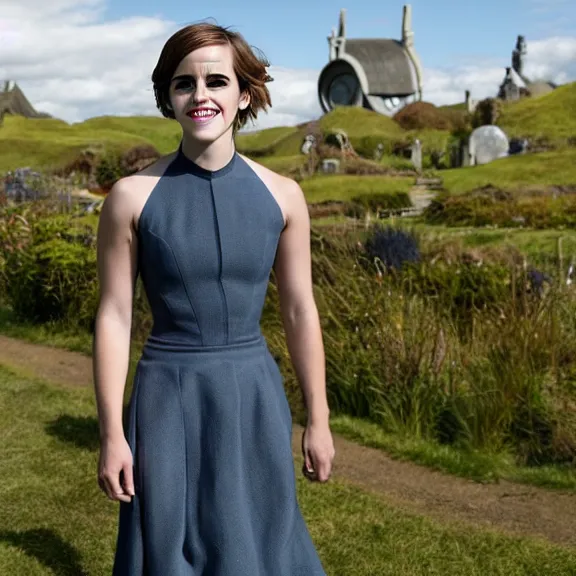 Image similar to Joyful!!! smiling Emma Watson wearing cyborg prosthetic in the style of Her (2013). Clear Hands. Clear body. Clear Clothes. Hobbiton as Background. Cinematic. Professional Photo. UHD. 8k. Clear Face.