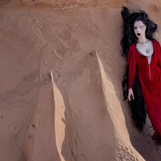 Image similar to An alluring vampire queen wearing a red pendant walks out of a tomb in the Sahara