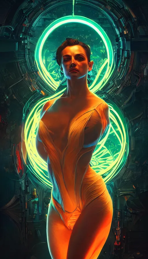 Image similar to altered carbon, neon, fibonacci, sweat drops, insane, pinup, intricate, highly detailed, digital painting, artstation, concept art, smooth, sharp focus, illustration, Unreal Engine 5, 8K, art by artgerm and greg rutkowski and alphonse mucha