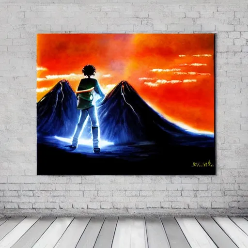 Image similar to anime key visual of frodo climbing mount doom, acrylic painting, jm animation