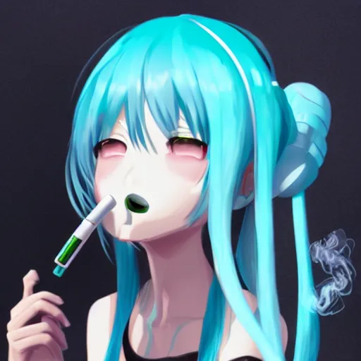 Image similar to hatsune miku smoking weed with a vape pen, smoke coming out of her mouth, bloodshot eyes, artstation, 4 k