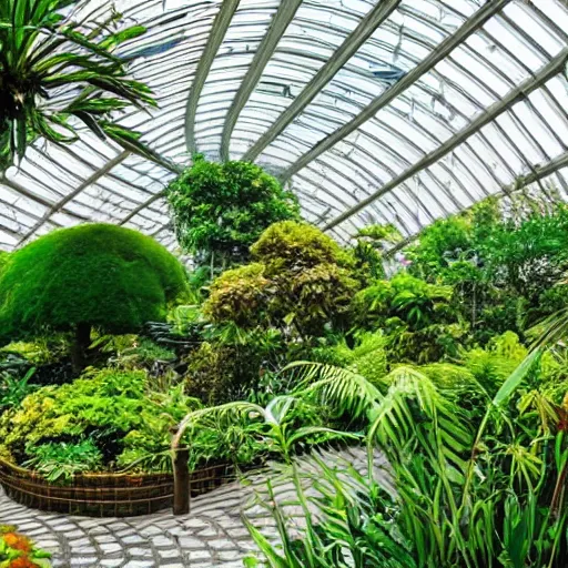 Prompt: a beautiful botanical garden with glass roof, exotic plants, wide angle, realistic photo