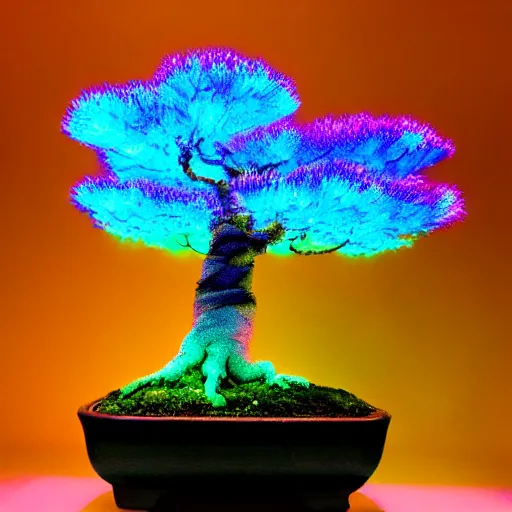 Prompt: elemental glowing fiberoptic synthwave bonsai