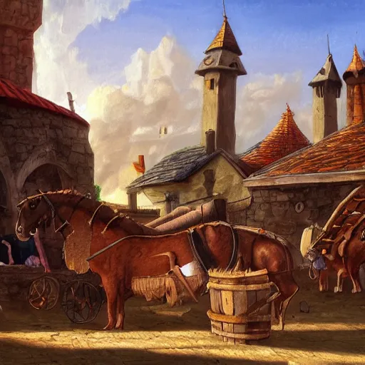 Prompt: a medieval horse market, fantasy art