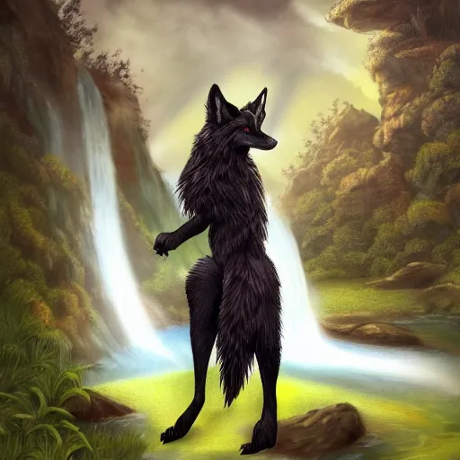 Prompt: fantasy art of a noble werefox standing in front of a waterfall, photorealistic, Hibbary, Dark Natasha