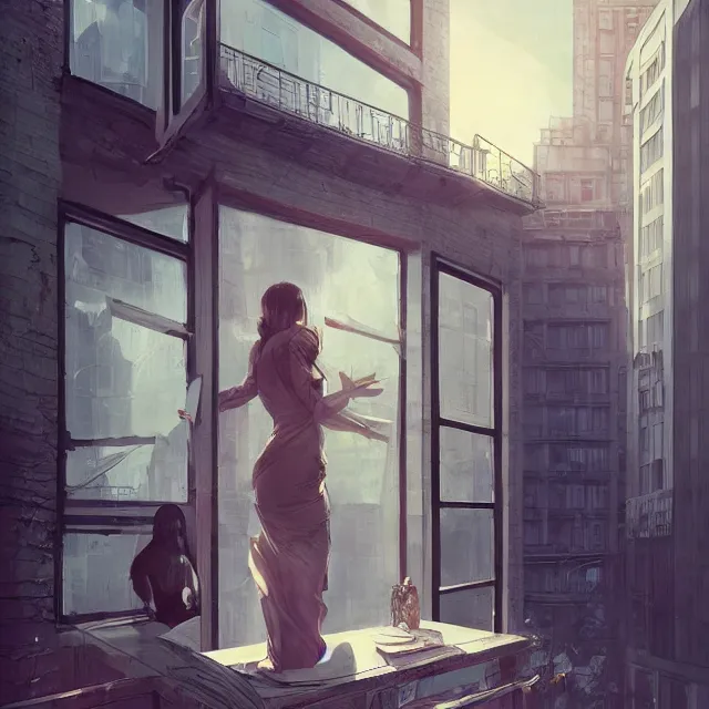 Image similar to window, woman, buildings, surprise, scared, couch by wlop, artgerm, greg rutkowski, evocative, highly detailed