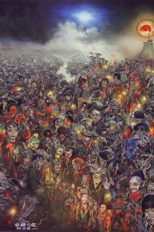 Image similar to 中 国 鬼 节, long procession of the dead is queuing up on the naihe bridge. psychedelic lights and fog, zdzislaw, ayami kojima, yamamoto, barclay shaw, karol bak, hyperrealist, 8 k