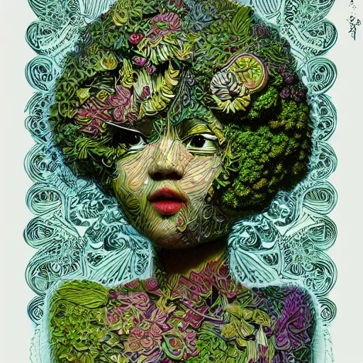 Image similar to the portrait of an unbelievably beautiful, elegant and cute japanese girl partially made of broccoli, an ultrafine detailed illustration by james jean, intricate linework, bright colors, final fantasy, behance contest winner, vanitas, angular, altermodern, unreal engine 5 highly rendered, global illumination, radiant light, detailed and intricate environment