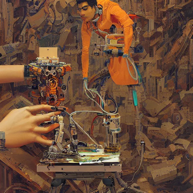 Prompt: robot artist painting a self - portrait on a canvas. intricate, highly detailed, digital matte painting, in the style of alexandros pyromallis, and in the style of sachin teng, and in the style of hans thoma, and in the style of mort kunstler. irony, recursion, inspiration.