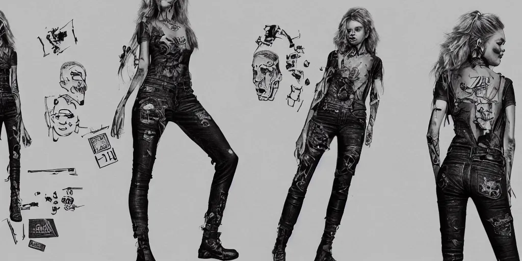 Image similar to samara weaving with her neck fully tattooed, wearing scratched and ripped leather jeans, wearing an aviator outfit with a smiley stamp on its back, character sheet, fine details, props, concept design, contrast, kim jung gi, greg rutkowski, trending on artstation, 8 k, full body, turnaround, front, back, ultra wide angle