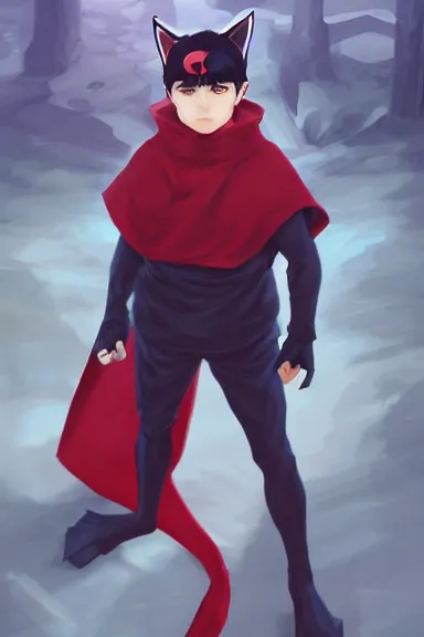 Image similar to little boy with cat ears in an black outfit with red cape. digital painting made by lois van baarle and kentaro miura and marc simonetti, sharpness focus, inspired by hirohiko araki, anatomically correct, heroic composition, hero pose, smooth