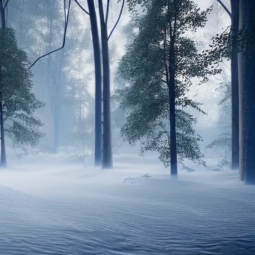 Image similar to still shot of a forest covered with winter fog, highly detailed, photorealistic portrait, bright studio setting, studio lighting, crisp quality and light reflections, unreal engine 5 quality render