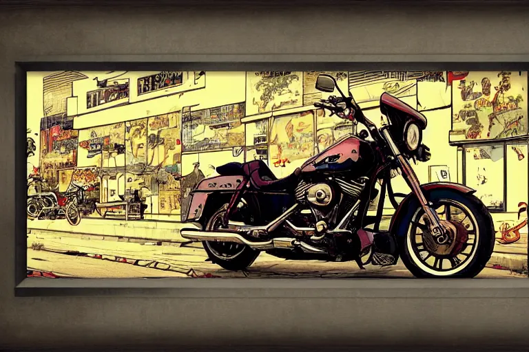 Prompt: harley davidson in front of a quiet town by satoshi kon, panoramic view, soft colors, pop art style