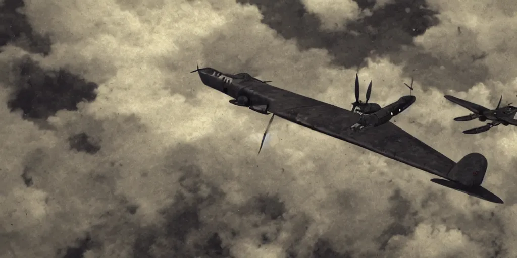 Image similar to close up cinematic shot of a world war two bomber with turret gunner, ghibli style