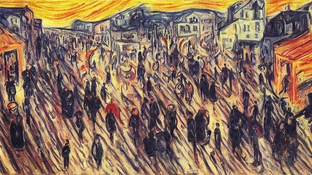 Prompt: the pain and chaos of a town being bombed on market sunday, painting by edvard munch