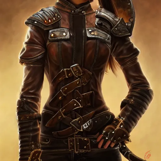 Image similar to perfect, realistic oil painting of close-up japanese young woman wearing leather jacket, in Diablo 3