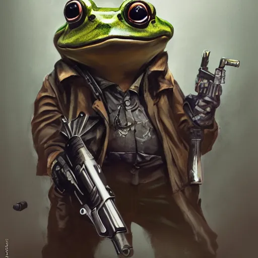 Prompt: badass gangsta frog. a frog mafia boss holding gun. nuri iyem, james gurney, james jean, greg rutkowski, anato finnstark. 8 5 mm