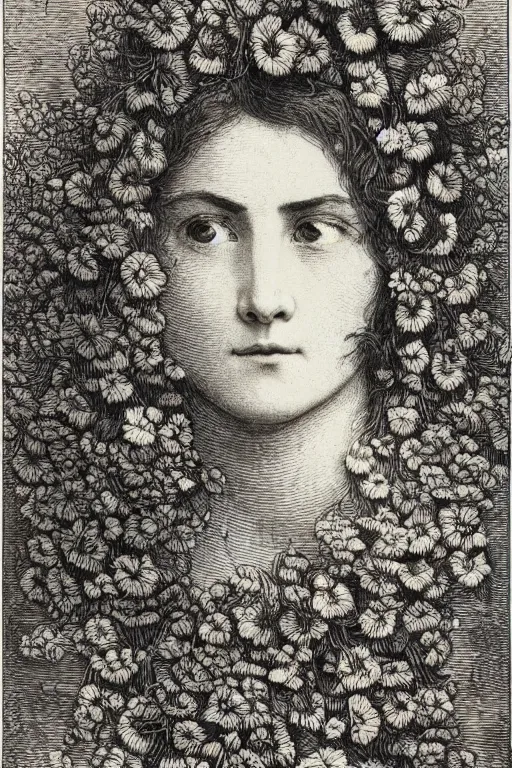 Image similar to extreme close-up portrait of a woman with her face covered by hair with flowers woven into it, forest background, Gustave Dore lithography