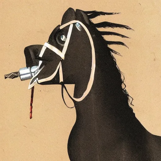 Image similar to an antropomorphic horse wearing a suit smoking a cigar