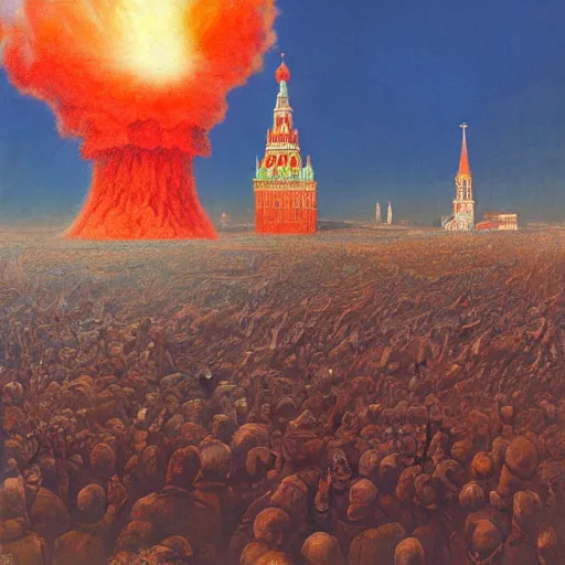 Prompt: the last selfie taken in russia red square, nuclear explosion, russian flag burning, hydrogen bomb explosion, by donato giancola and greg rutkowski and wayne barlow and zdzisław beksinski,