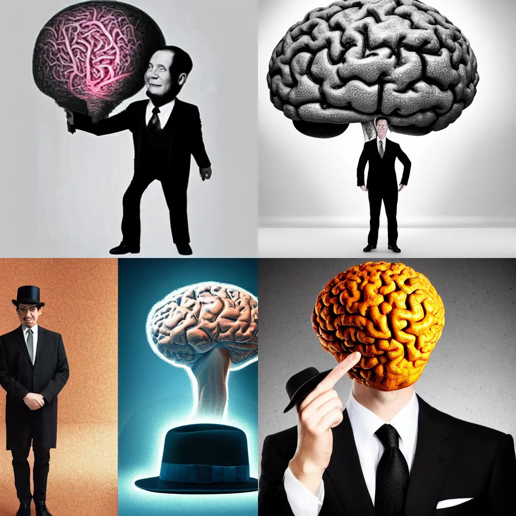 Prompt: Photograph of a man in a suit and bowler hat standing on the surface of a giant brain. Realistic.