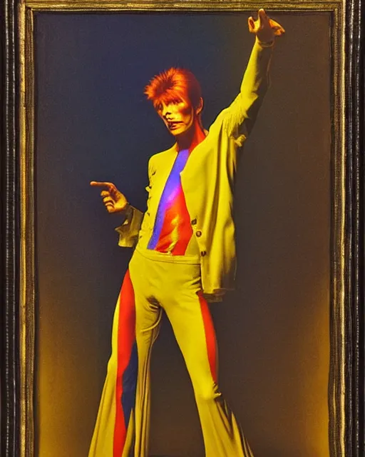 Image similar to david bowie as a ziggy stardust levitating and surrounded by transcendental light by jean auguste dominique ingres, luminous orbs, labyrinthine, sacred, mystical