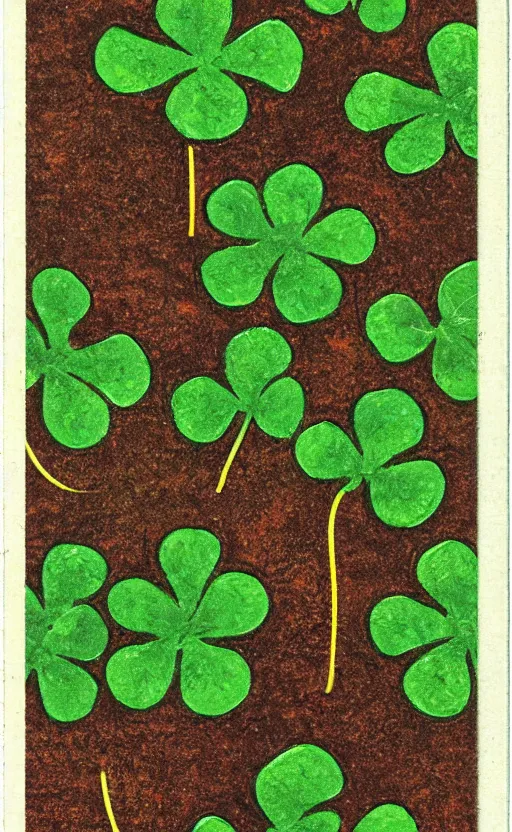 Prompt: by akio watanabe, manga art, 3 leaf clover on the soil, trading card front