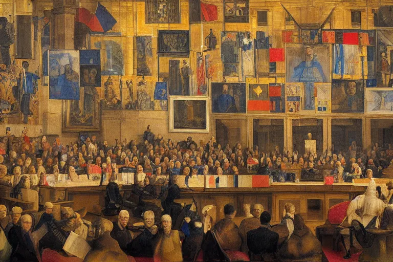 Prompt: beautiful digital painting of a trial in the international court of justice in the hague, by rembrandt and jean metzinger, mix of styles, abstract, golden ratio, masterpiece, highly detailed, intricate, architecture, portrait, flags of the world, faces, people