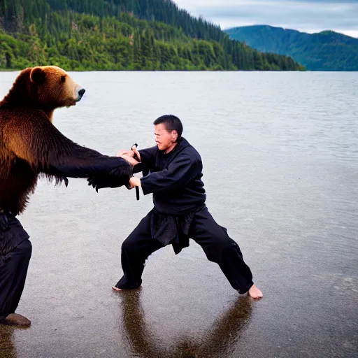 Image similar to kodiak bears kung - fu fighting on a lakefront using salmon as weapons, dusk, 8 k, hdr, cinematic, rule of thirds,