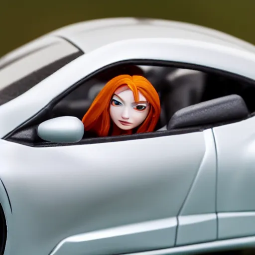 Image similar to a redhead woman driving a Jada toys mitsubishi eclipse green diecast car, high resolution macro photo, viewed through the cars window