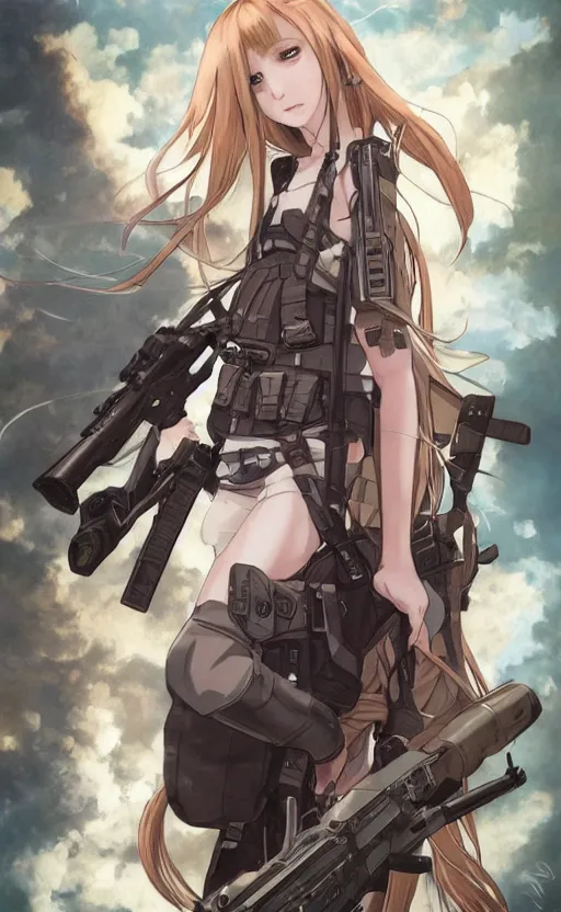 Image similar to girl, trading card front art, anime style, soldier clothing, long hair, hair down, symmetrical facial features, from girls frontline, hyper realistic, pale skin, 4 k, rule of thirds, extreme detail, detailed drawing, safebooru, fantasy, d & d, realistic lighting, by alphonse mucha, greg rutkowski, sharp focus, backlit