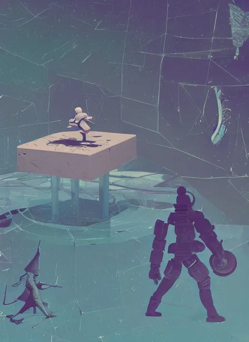 Prompt: a contemporary art sculpture on a plinth, by shepard faire, by victo ngai, by tracie grimwood, in the style of nier automata and astroneer, plain background