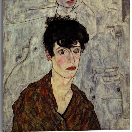 Image similar to a highly detailed painting by egon schiele of a young woman with black hair having an existential crisis in the centre of rome, 4 k