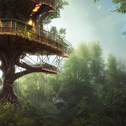 Image similar to ultra realistic and intricate detailed photograph of giant holy tech treehouse, innovation, bright modern style, artstation, unreal render, depth of field, ambient lighting, award winning, stunning