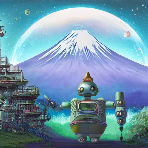 Image similar to On the morning of the robot queen's coronation, The Mekanik Doll, chubby moss kitten, Mount Fuji seen from the International Space Station, the theme of Alice in Wonderland, digital painting, concept art, illustration, deep dark, artstation, intricate, beautiful and thematically complex, ue5, by Dylan Kowalski and deiv calviz