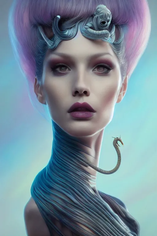 Image similar to portrait of an elegant alien queen with snake hair, straight on portrait, by artgerm, tom bagshaw, gerald brom, vaporwave colors, lo fi colors, vaporwave, lo fi, 2 point studio lighting, dramatic lighting, 4 k, hd,