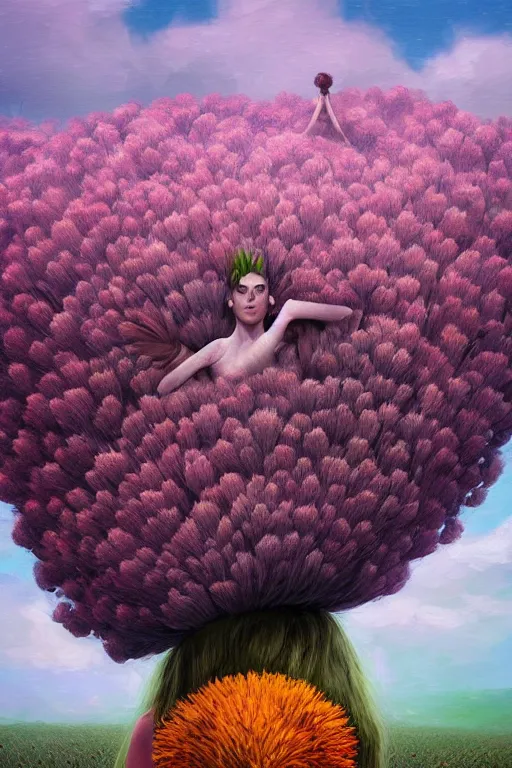 Prompt: closeup, enormous flower head mohawk, woman in heather field, surreal photography, starlight, storm clouds, impressionist painting, digital painting, artstation, simon stalenhag