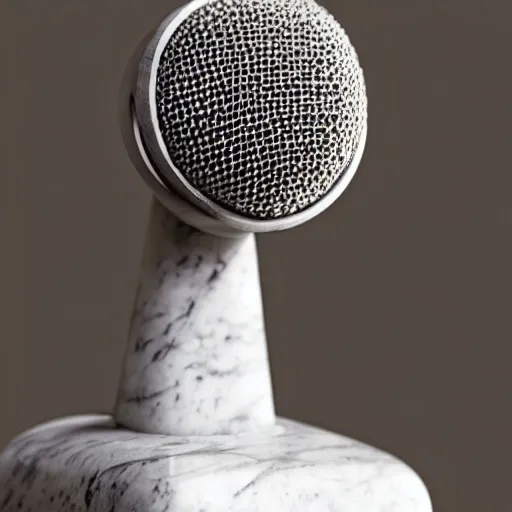 Image similar to an ancient sculpture of a microphone in white marble, close up photo, museum, ultra realistic, studio photo, bokeh, detailed.