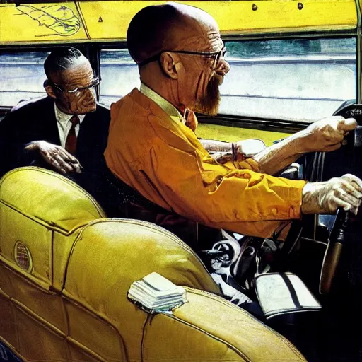 Image similar to Walter white driving a school bus full of Water Whites, Norman Rockwell