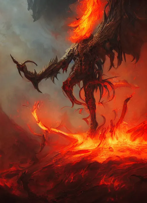 Prompt: a massive demon in a fiery pit painted by raymond swanland