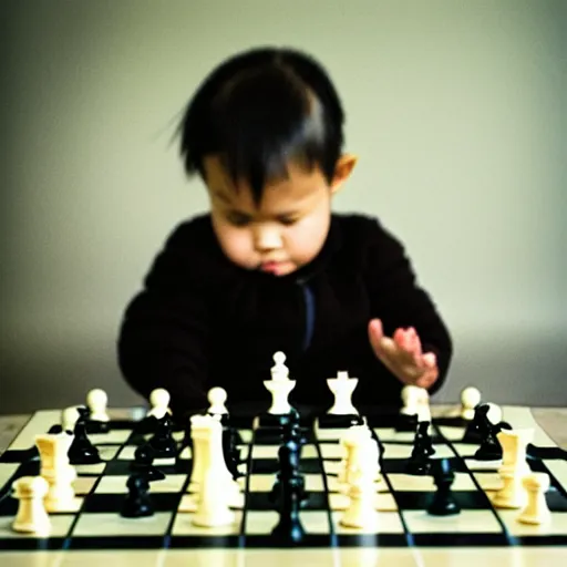 Image similar to portrait photo of a toddler looking at a chess board, confused, by annie liebovitz,