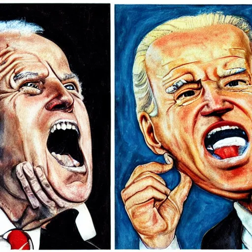 Prompt: joe biden screaming, by egon schiele and william blake and stephen gammell