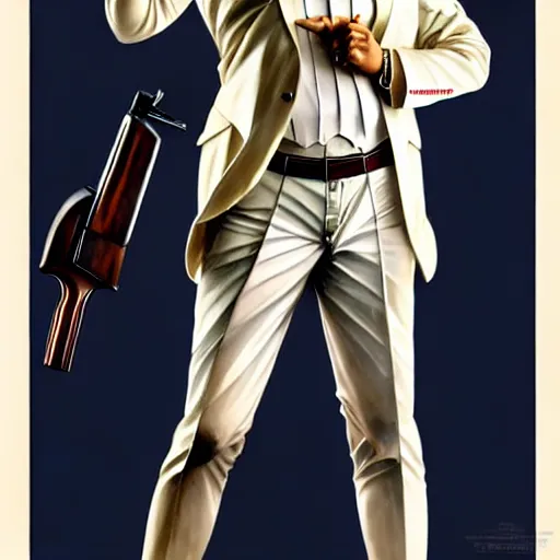 Prompt: a full body portrait of colonel sanders the greek god with a shotgun!! in hell!!! extremely beautiful, anatomically accurate, by artgerm and by greg rutkowski and by alphonse mucha and by simon bisley, radiant light, detailed and intricate environment,