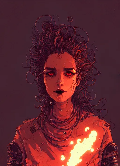 Image similar to highly detailed portrait of wasteland punk long curly fire hair tribal lady, stray wiring by atey ghailan, james gilleard, by joe fenton, by greg rutkowski, by greg tocchini, by kaethe butcher, 4 k resolution, gradient red, orange, black and white color scheme!!! ( ( flaming robotic dystopian city spiral background ) )