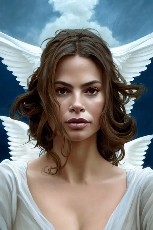 Image similar to symmetrical!! looking at the camera!!! a portrait of an angel sofia vergara wearing a white silky dress, upper body, concept art, deep focus, sky, heaven, clouds, intricate, highly detailed, digital painting, artstation, matte, sharp focus, illustration, art by greg rutkowski and alphonse mucha