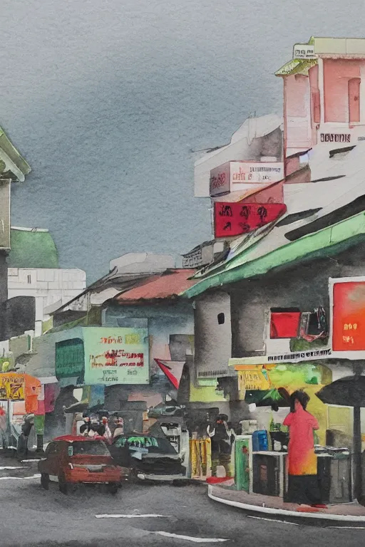 Image similar to a watercolor depicting a singapore geylang, gloomy weather, high contrast, smooth, by joseph zbikowicz, 8 k