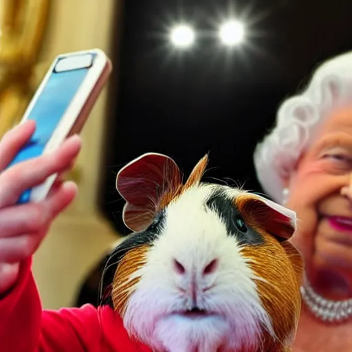 Image similar to a guinea pig taking a selfie in front of Queen Elizabeth II