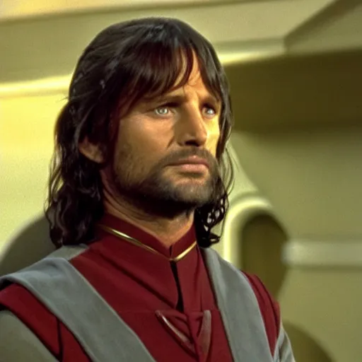 Prompt: A still of Aragorn as Scotty on Star Trek: The Original Series, red shirt, sharp focus, high quality, 4k