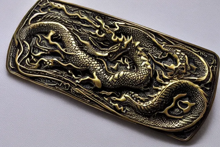 Image similar to belt buckle made of bronze, embossed dragon