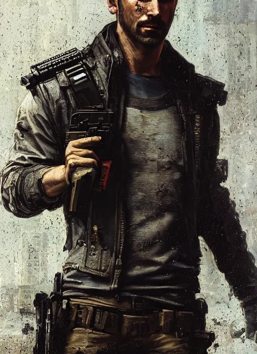 Prompt: max payne. cyberpunk mercenary in a military vest ( blade runner 2 0 4 9, cyberpunk 2 0 7 7 ). orientalist portrait by john william waterhouse and james gurney and theodore ralli and nasreddine dinet, oil on canvas. cinematic, hyper realism, realistic proportions, dramatic lighting, high detail 4 k